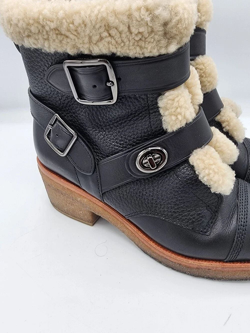 Coach Preston Black Shearling-Trim Leather Ankle Boots